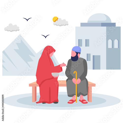 elderly couple sharing meal together outdoor concept, Moment of Compassion Serving with heart vector design, Eid al-Adha scene, Eid-al-Kabir Hajj banner Traditional Arabic Muslim Festival illustration