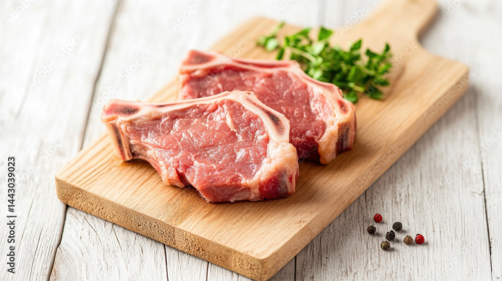 Fototapeta premium Raw pork ribs chopped on a cutting wooden board. 