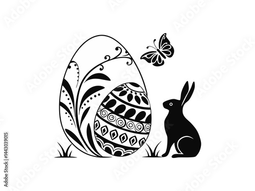 Easter Bunny with Decorated Eggs Hanging from Spring Tree – Silhouette Vector Illustration .