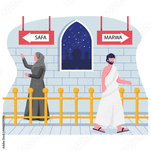 Islamic pilgrimage of Umrah performing ritual of Sai concept, Couple Walking Between Safa and Marwa vector design, Eid al-Adha scene, Eid-al-Kabir Hajj banner, Traditional Arabic Festival illustration