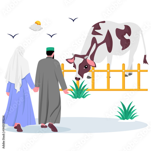 Together in Worship Honoring the Sunnah of Ibrahim concept, Quiet Moment Before the Ritual vector design, Eid al-Adha scene, Eid-al-Kabir Hajj banner, Traditional Arabic Muslims Festival illustration