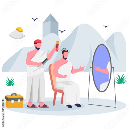 male pilgrim helper performing the Halq or Taqsir concept, final rites of hajj Shaving head vector design, Eid al-Adha scene, Eid-al-Kabir Hajj banner, Traditional Arabic Muslims Festival illustration