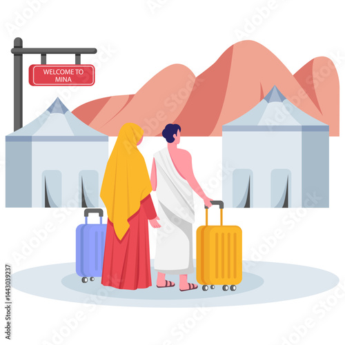 Arrival in Mina Beginning the Spiritual Journey concept, Spiritual Camping for couple Pilgrims vector design Eid al-Adha scene Eid-al-Kabir Hajj banner Traditional Arabic Muslims Festival illustration