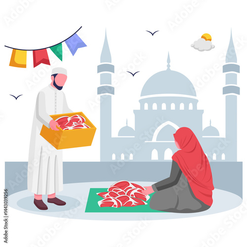 Saudi Man wearing Thawb Holding Meat Box concept, Woman in headscarf preparing to distribute vector design, Eid al-Adha scene, Eid-al-Kabir Hajj banner, Traditional Arabic Muslim Festival illustration