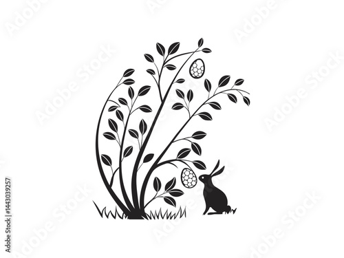 Easter Bunny with Decorated Eggs Hanging from Spring Tree – Silhouette Vector Illustration .
