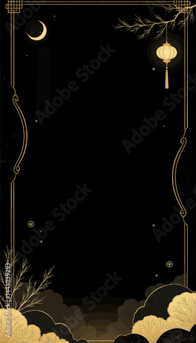 Obraz na płótnie Elegant Gold Frame with Lantern, Moon, and Clouds on Black w salonie