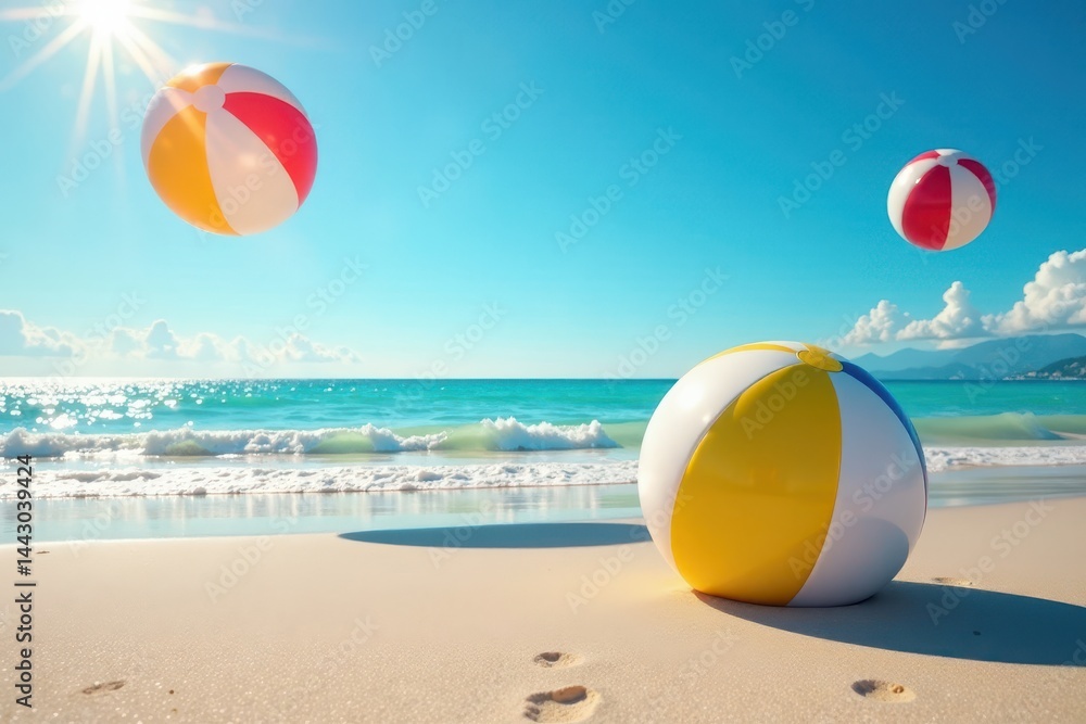 Obraz premium Sunny day at the beach with colorful beach balls and inflatables floating in the air, sunny day, seagulls flying