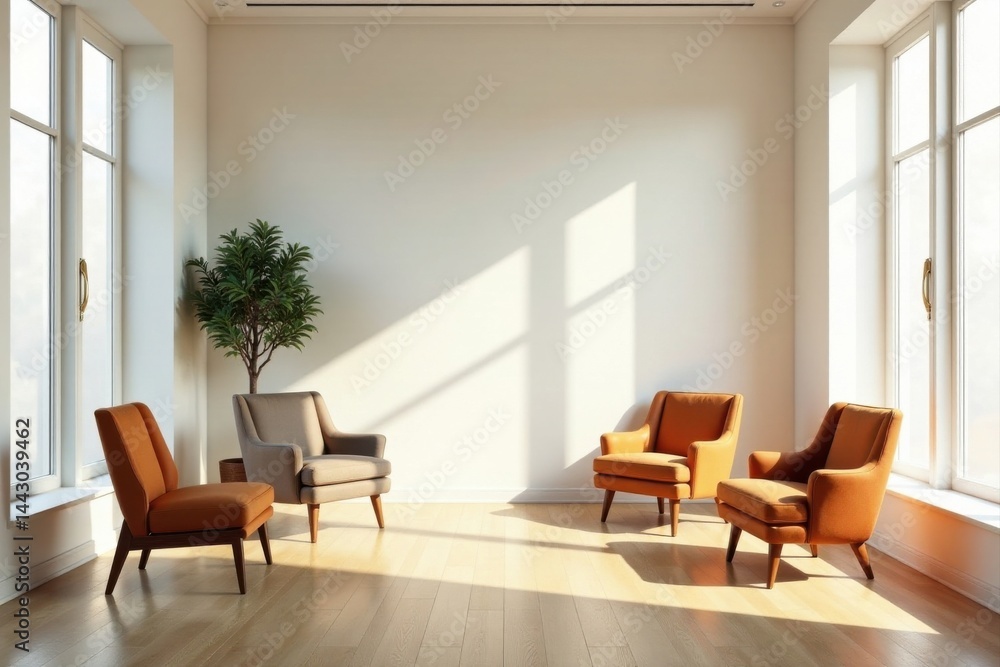 Fototapeta premium Sunlit Living Room with Mid-Century Modern Armchairs and Potted Plant
