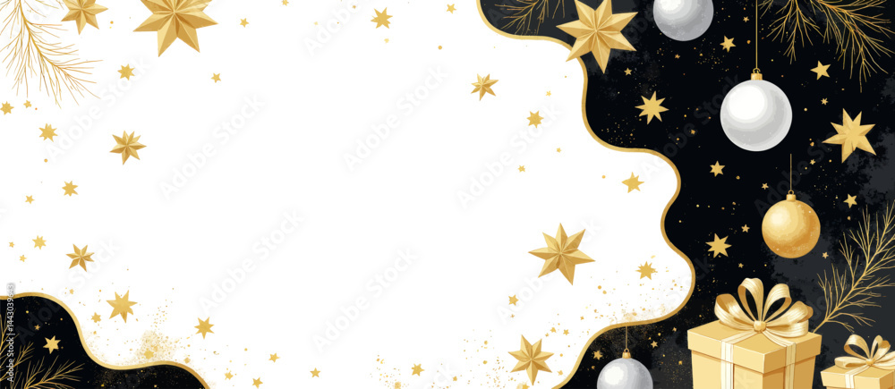 Elegant Christmas Frame with Gold Stars and Gifts