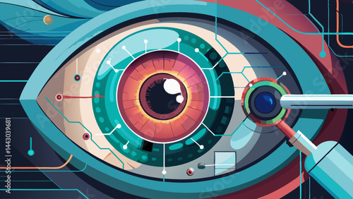 A colorful illustration of an eye with a magnifying glass on it. The eye is surrounded by a green circle and the magnifying glass is on the right side of the eye. Concept of curiosity and exploration
