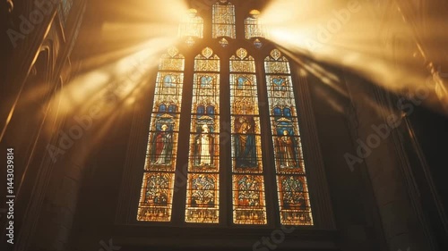 Sunlight streams through the stained glass windows, illuminating intricate designs inside a historic church during the early morning