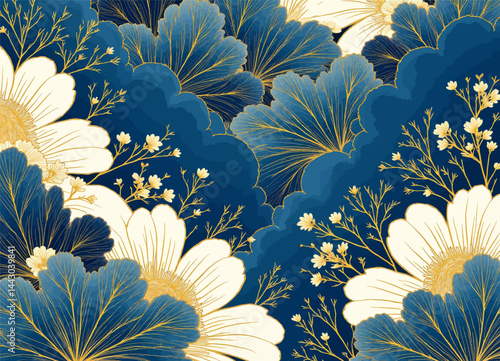 Obraz na płótnie Elegant floral pattern, blue, white, and gold hues w salonie