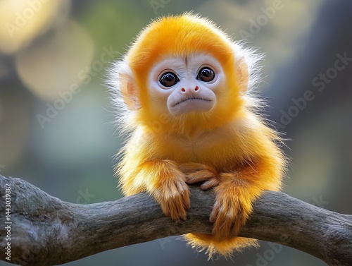 Golden Snub-Nosed Monkey Portrait: Adorable Baby Monkey with Bright Orange Fur and Big Eyes Perched on a Branch, Surrounded by Soft, Natural Light in the Forest.