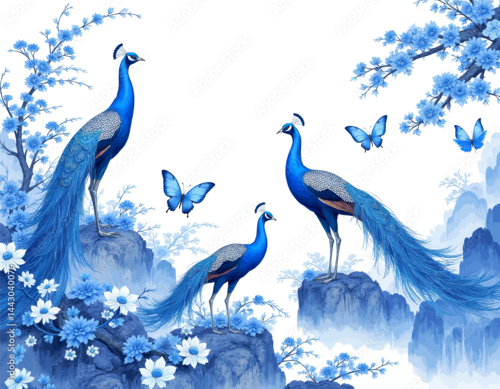 Elegant Blue Peacocks with Butterflies and Floral Accents