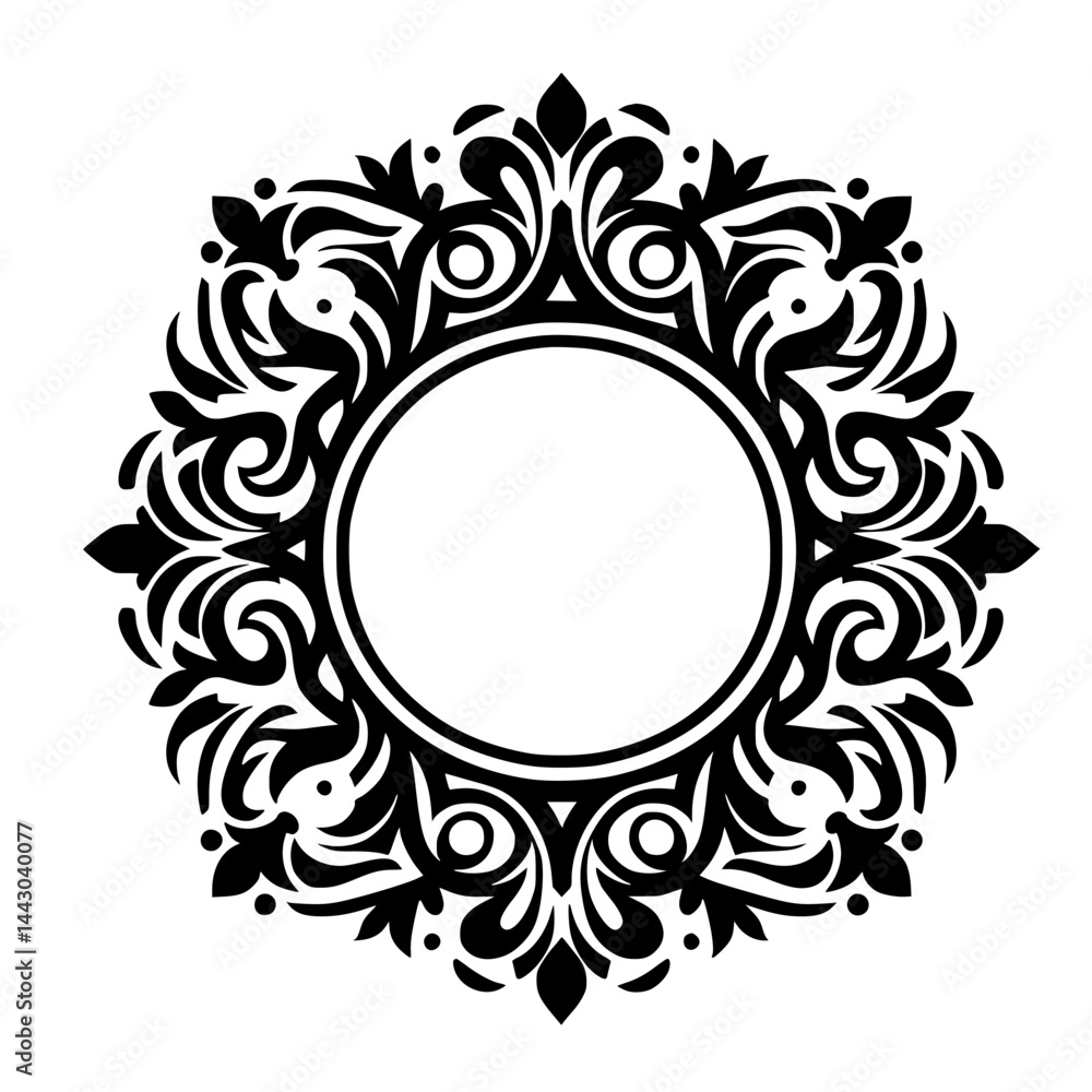 Elegant Ornate Black & White Circular Frame Design - Classic Symmetrical Decorative Border Element Elegant Ornate Black & White Circular Frame Design - Classic Symmetrical Decorative Border Element