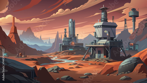 A futuristic industrial city is shown in a desert landscape with a large red planet in the background. The sky is orange and the mountains are brown. Scene is one of a futuristic