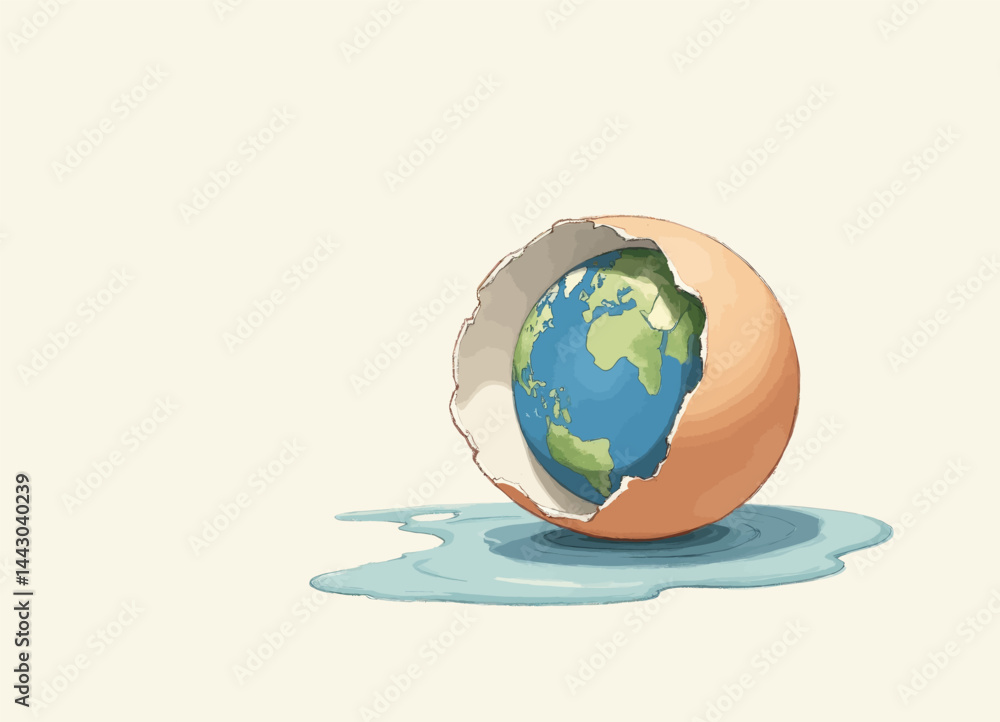 Earth emerging from a cracked eggshell with water puddle