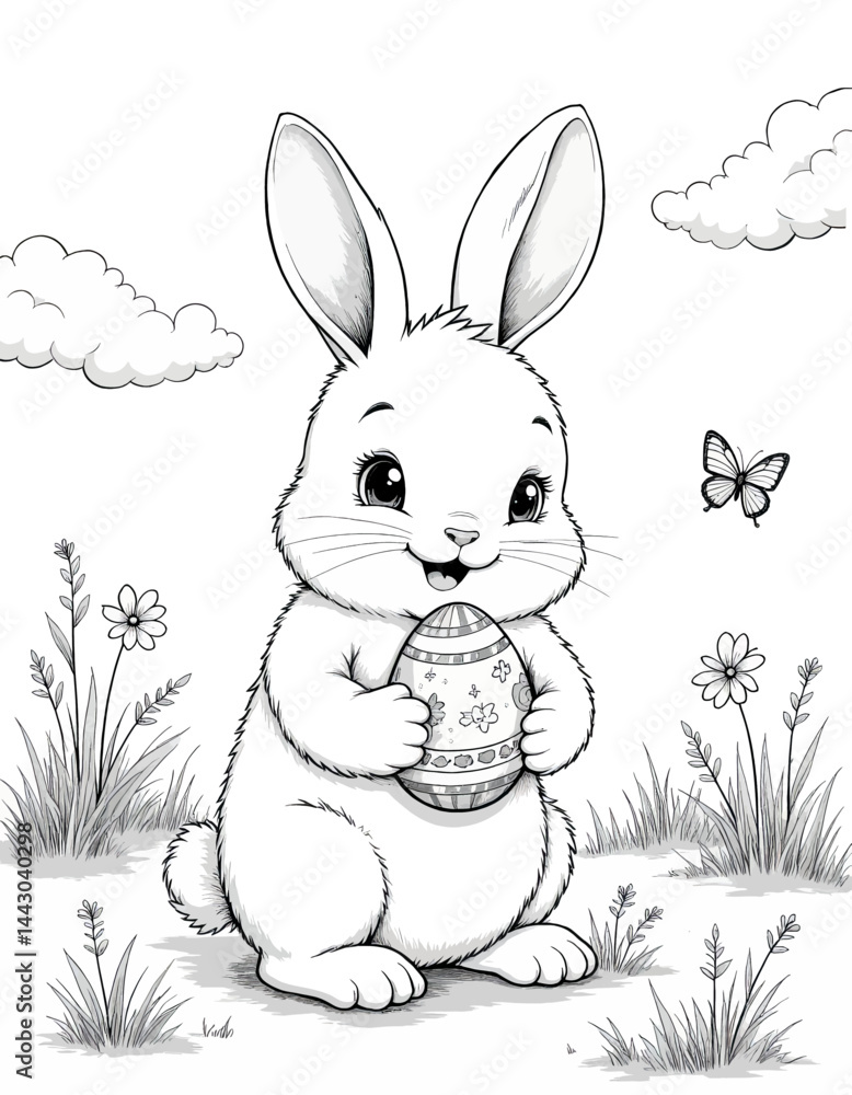 Easter bunny holding decorated egg, coloring page style