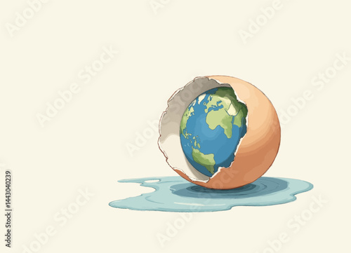 Earth emerging from a cracked eggshell with water puddle
