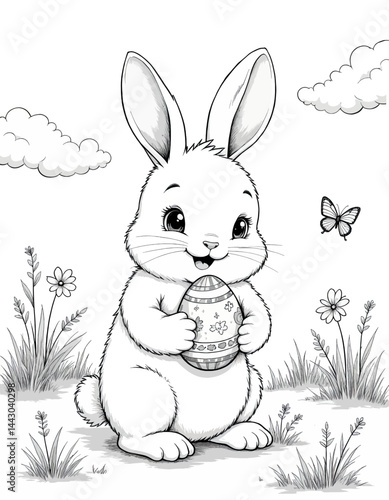 Obraz na płótnie Easter bunny holding decorated egg, coloring page style w salonie