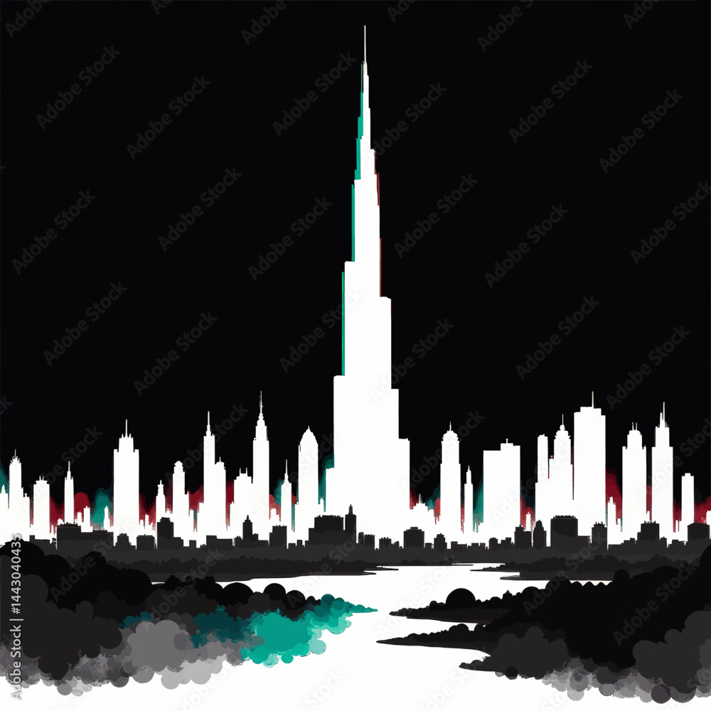 Dubai skyline silhouette with red and green accents