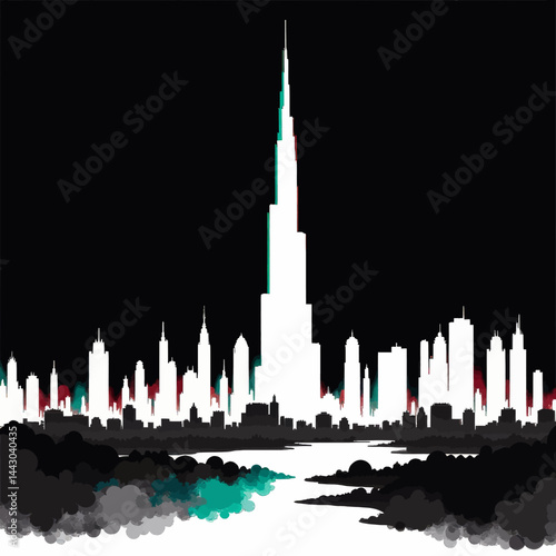 Obraz na płótnie Dubai skyline silhouette with red and green accents w salonie