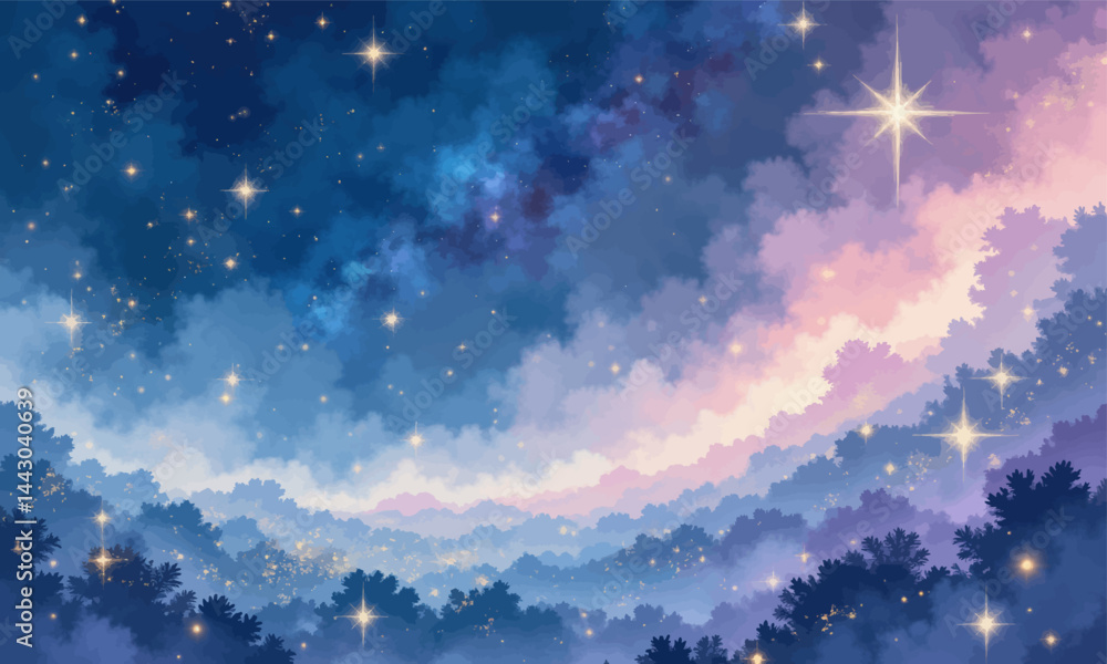 Dreamy Starry Night Forest Landscape Painting