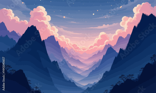 Obraz na płótnie Dreamy Mountain Range with Pink Clouds and Stars w salonie