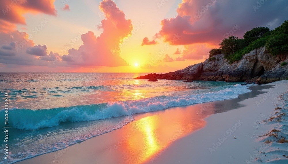 Sunset over turquoise waters and white sandy beach, ocean, beach Sunset over turquoise waters and white sandy beach, ocean, beach