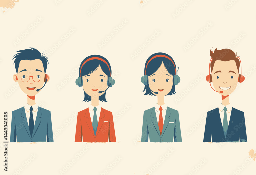Diverse Cartoon Call Center Agents with Headsets Smiling