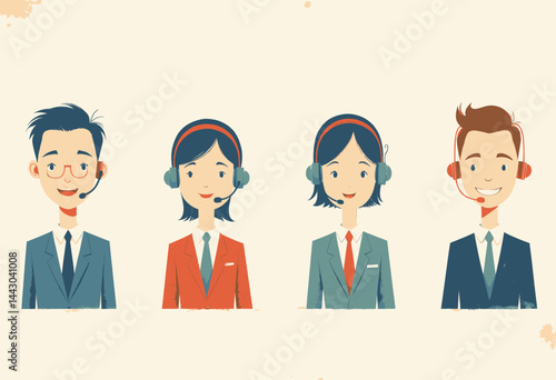 Obraz na płótnie Diverse Cartoon Call Center Agents with Headsets Smiling w salonie