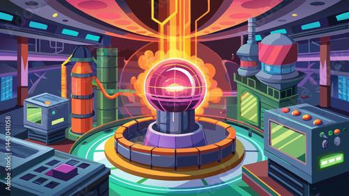 A cartoonish drawing of a room with a glowing orb in the center. The room is filled with various machines and equipment, giving off a futuristic and industrial vibe. Scene is one of curiosity