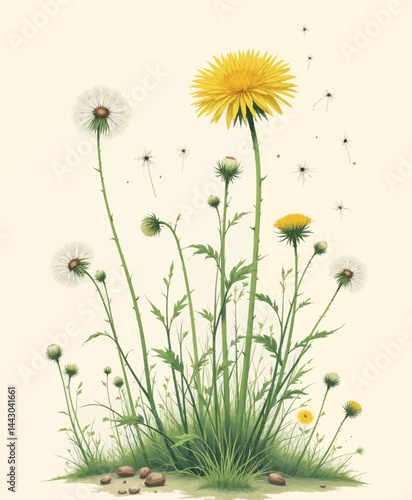 Dandelion Flowers with Seeds and Buds on Beige Background