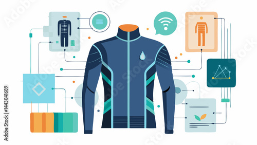 A man in a blue jacket with a red hat stands in front of a computer screen with a lot of icons and buttons. The image is about technology and the man's outfit is futuristic