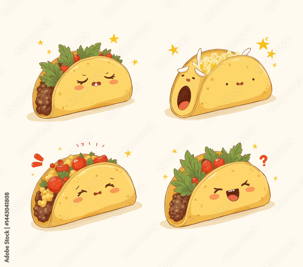 Cute Taco Cartoon Emoticons with Various Expressions