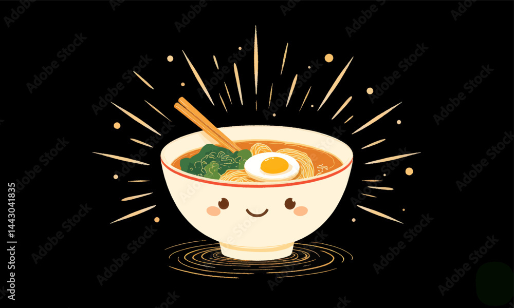 Cute Ramen Bowl with Smiling Face and Chopsticks on Black