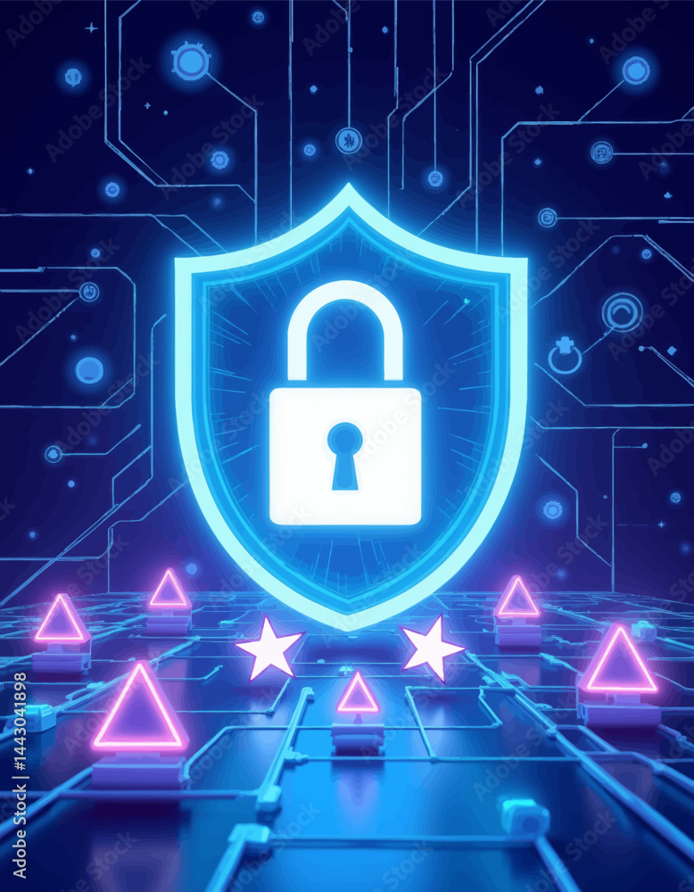 Cybersecurity shield with padlock, circuit board, and warning signs