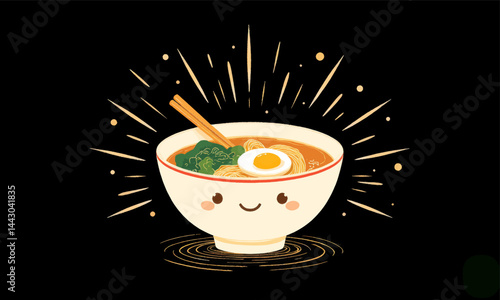 Cute Ramen Bowl with Smiling Face and Chopsticks on Black