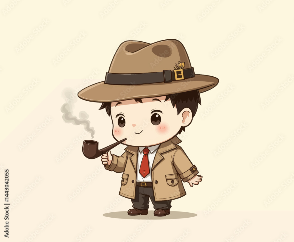 Cute Cartoon Detective Smoking Pipe with Hat and Trench Coat