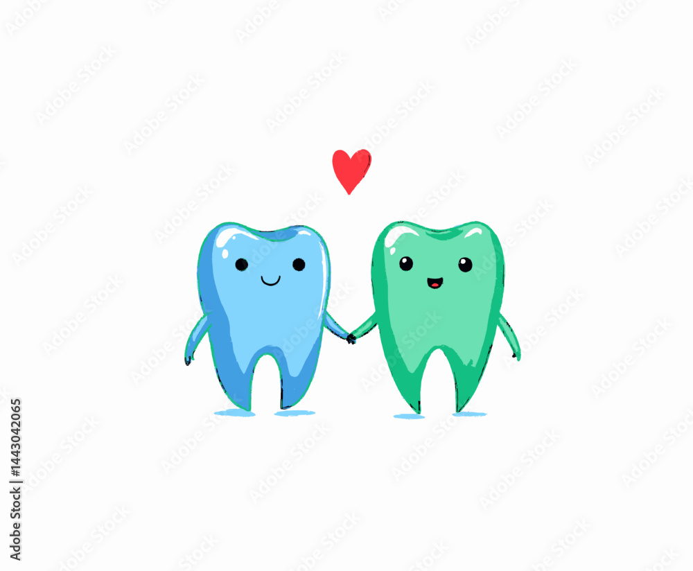 Cute blue and green cartoon teeth holding hands with heart