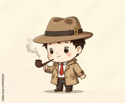 Obraz na płótnie Cute Cartoon Detective Smoking Pipe with Hat and Trench Coat w salonie