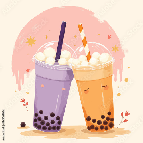 Obraz na płótnie Cute Boba Tea Drinks with Faces and Tapioca Pearls w salonie