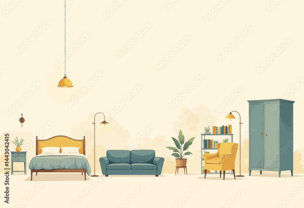 Cozy Bedroom and Living Room Interior Illustration
