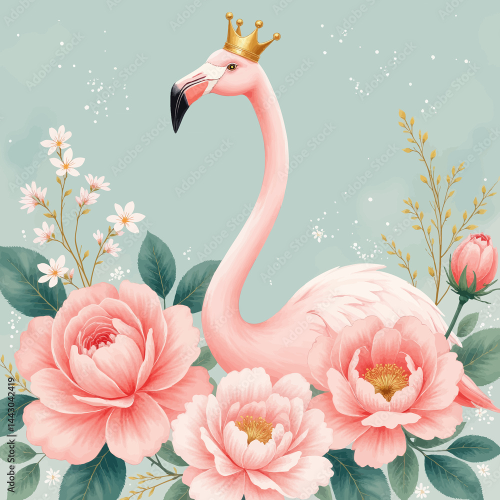 Crowned Flamingo with Pink Peonies on Teal