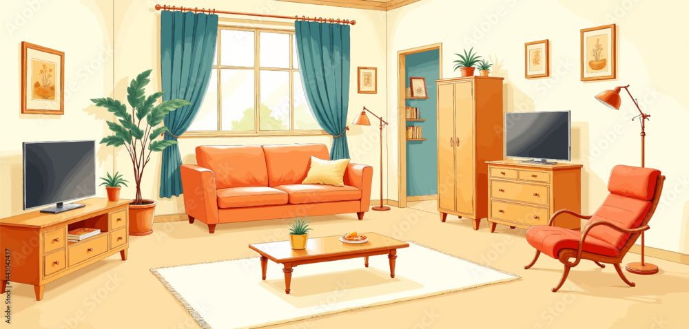 Cozy Cartoon Living Room with Orange Accents