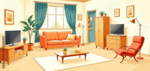 Obraz na płótnie Cozy Cartoon Living Room with Orange Accents w salonie