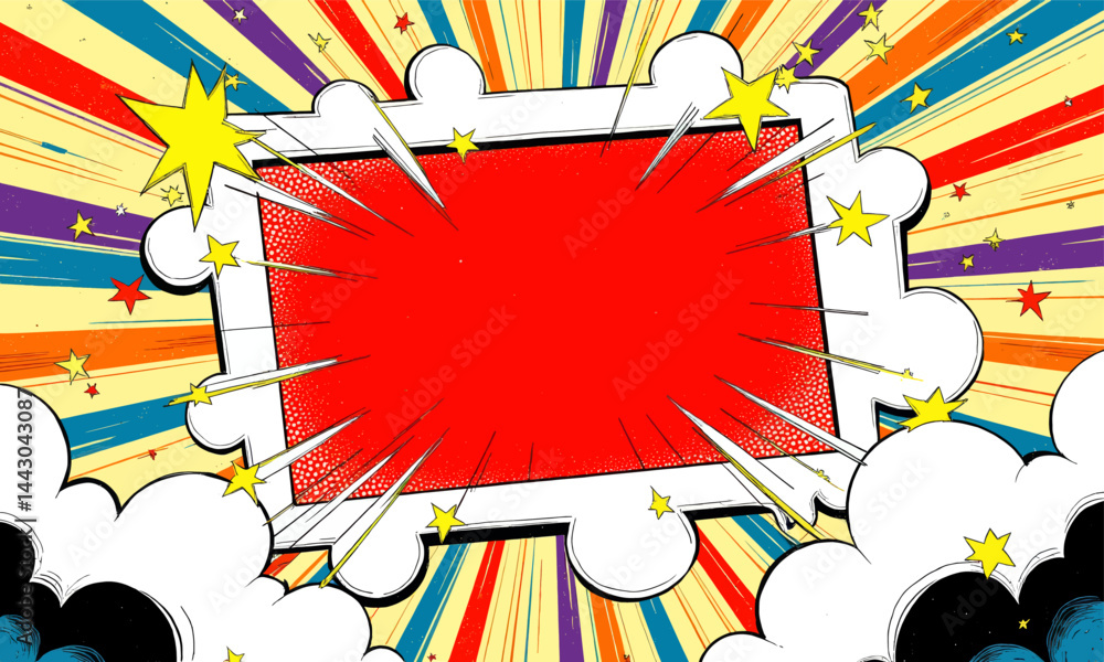 Comic book style red explosion with stars and clouds