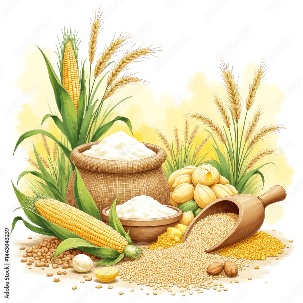 Corn, wheat, and grain harvest still life with flour sack