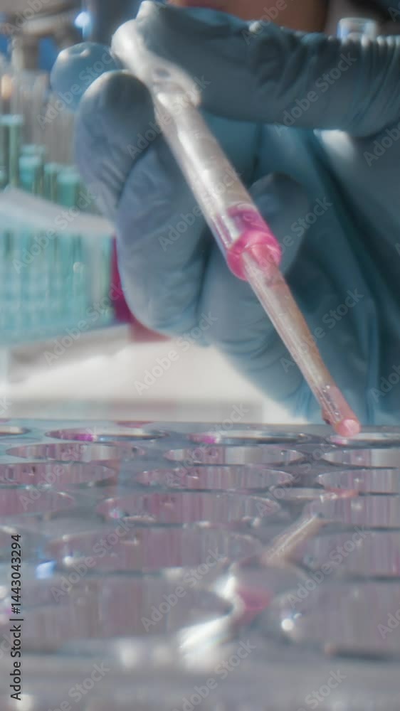 Vertical close-up shot of unrecognisable laboratory technician dispensing purple liquid into wells of plastic test plate when conducting experiment