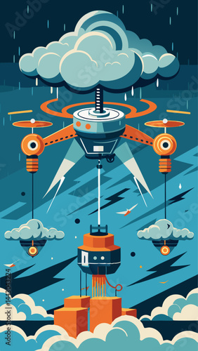 A red and white drone is flying in the sky. The drone is carrying a package and is surrounded by clouds. The image has a moody and mysterious feel to it, as if the drone is on a secret mission